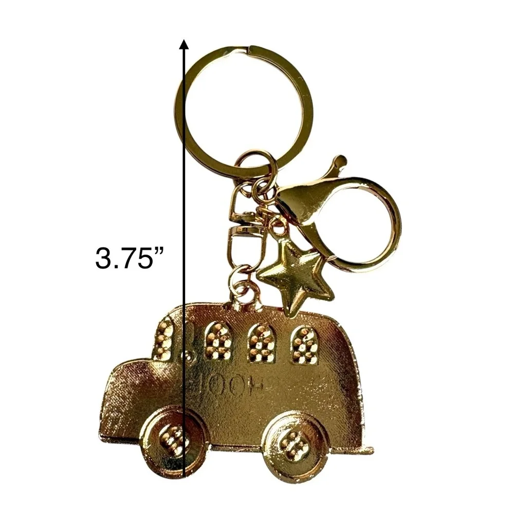 School Bus Keychain Charm Gold Tone Rhinestone Star Bag Purse Accessory